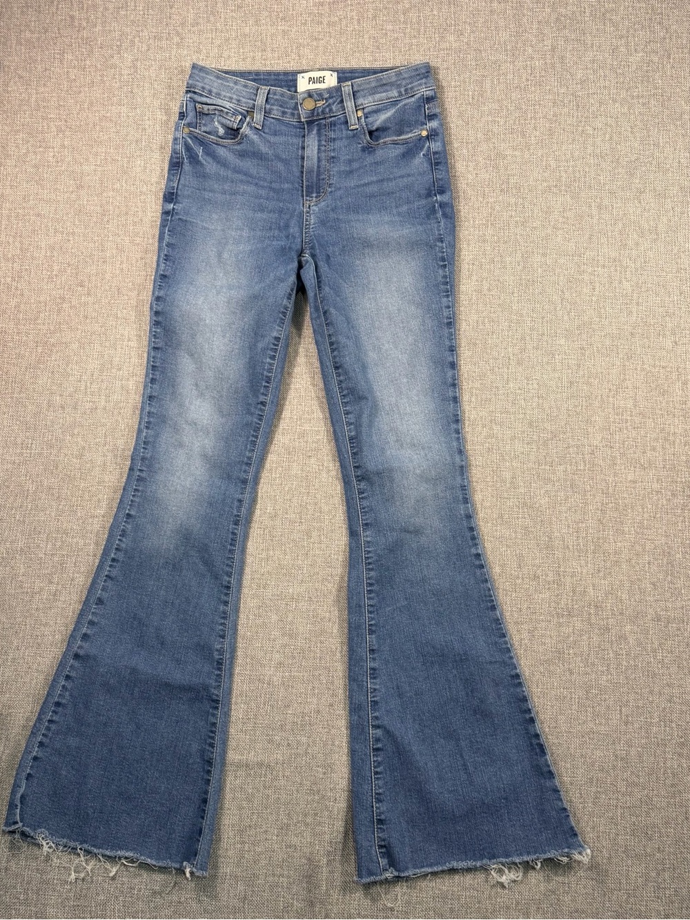 PAIGE Medium Blue High-Rise Flare Jeans with Raw Hem